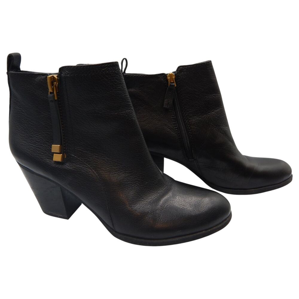 Franco Sarto Diana Leather Dual Side Zip Heeled Ankle Boots Black Size 9.5M